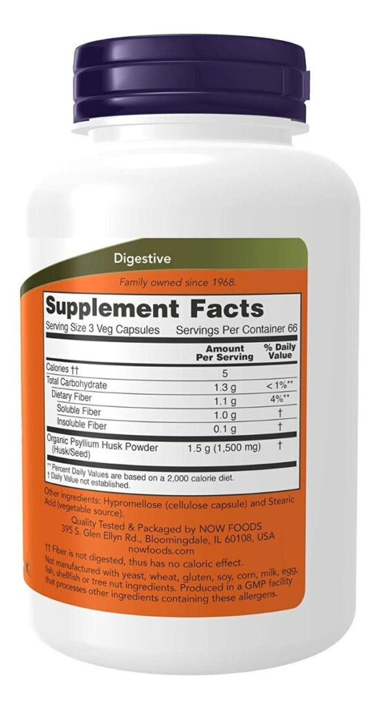 Cascas Dietéticas De Fibra De Casca De Psyllium Da Now Foods 500 Mg 200 Vegetais, Cápsulas Sem Sabor - Imagem 2