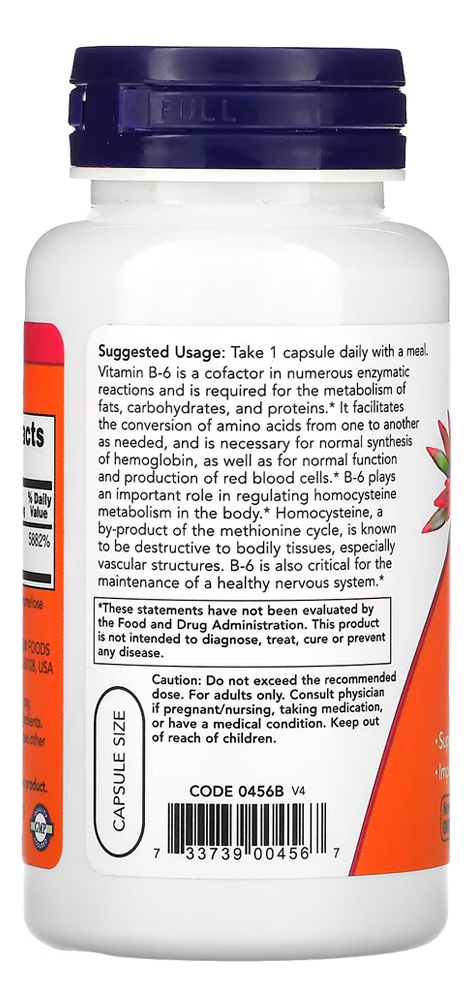 Vitamina B-6 100mg 100 Cáps Importado 3un Now Foods - Imagem 3