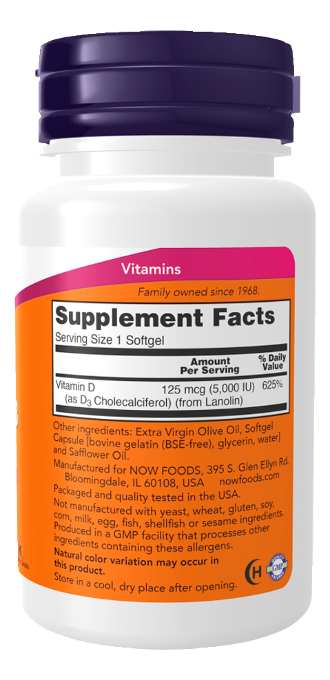 Vitamina D-3 5000ui Now Foods 30 Softgels Importado - Imagem 2