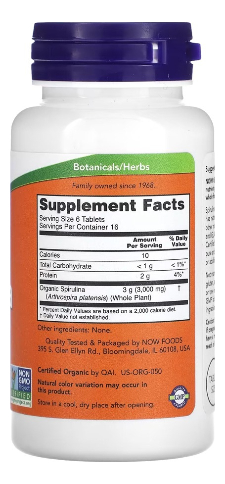 Suplemento Em Tablets Now Now Foods Spirulina Orgânica Pote Spirulina Orgânica Em Unidade - Imagem 2