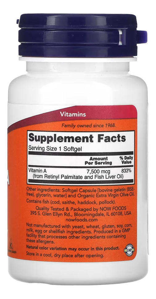 Vitamina A 7.500mcg 100 Softgels Importado 2un Now Foods - Imagem 3