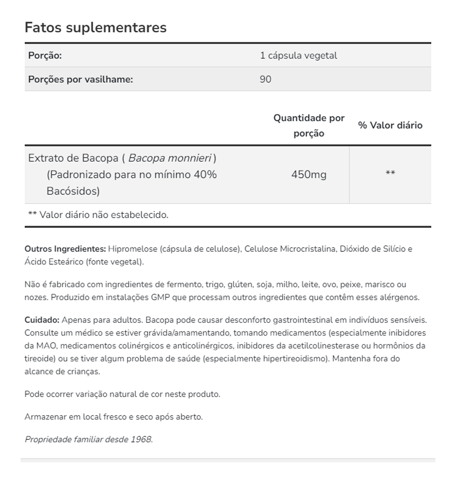 Extrato De Bacopa 450mg Now Foods 90 Cápsulas Importado - Imagem 4