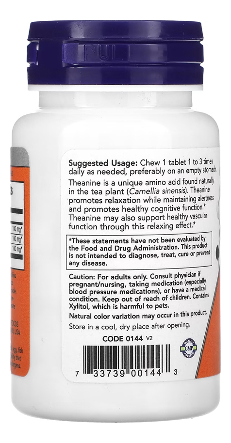 L-teanina 100mg Now Foods 90 Chebls Matigáveis Importado - Imagem 3