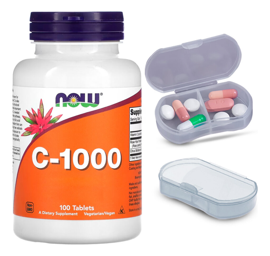 Vitamina C E Rosa Mosqueta Now Foods 100tab + Porta Cápsulas