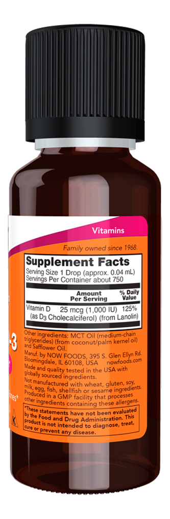 Vitamina D-3 Líquida 25mcg Now Foods 30ml Importado - Imagem 2