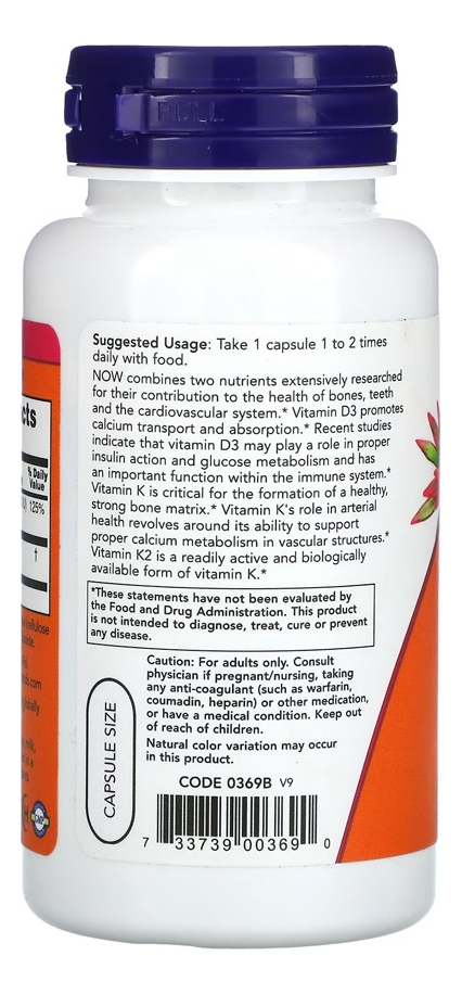 Vitamina D3 25mg+vit K2 45mg 120 Cap Importado 2un Now Foods - Imagem 4