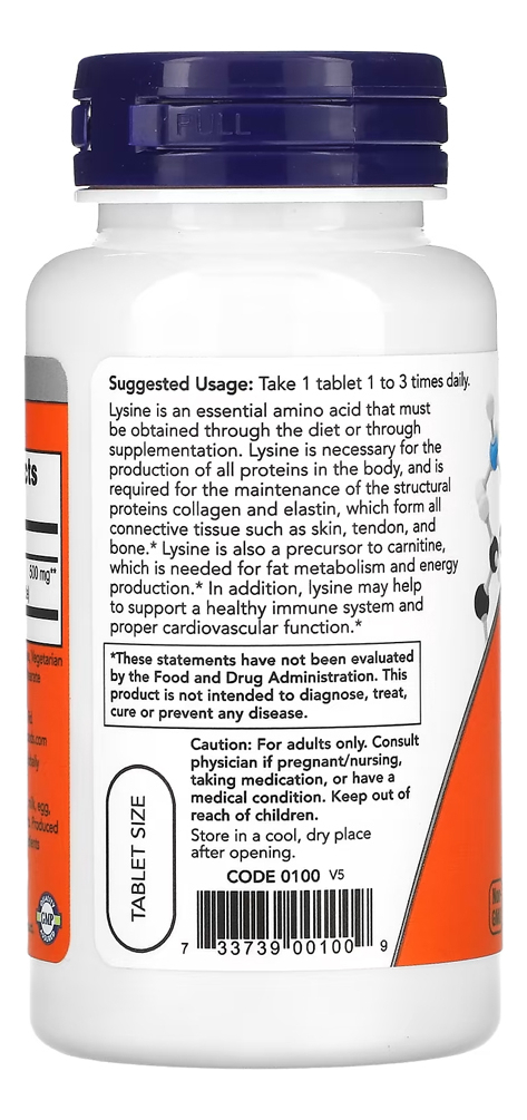 L-lisina 500 Mg Now Foods 100 Tablets + Porta Cápsulas - Imagem 3