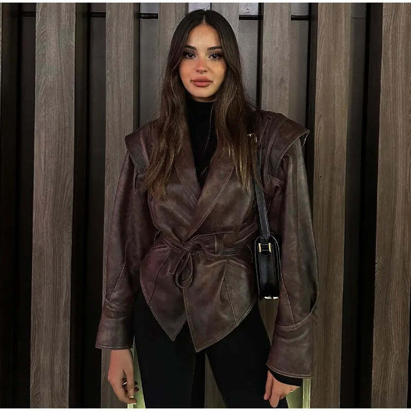 Jaqueta Feminina de Couro Vintage com Decote em V Fnac - Imagem 6