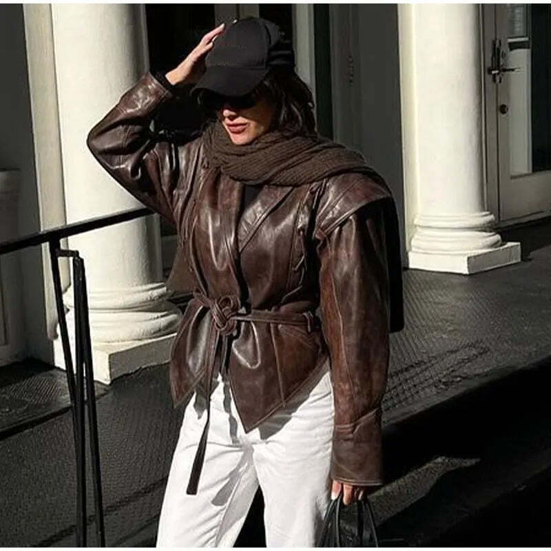 Jaqueta Feminina de Couro Vintage com Decote em V Fnac - Imagem 4