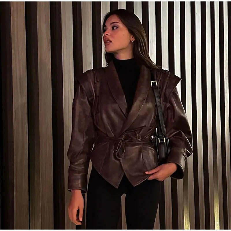 Jaqueta Feminina de Couro Vintage com Decote em V Fnac - Imagem 2