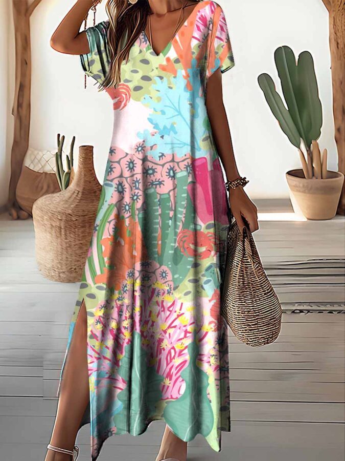 Vestido Feminino Longo Floral com Decote em V Fnac - Imagem 7