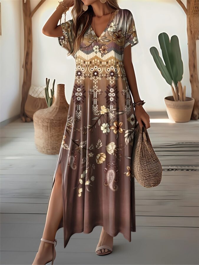 Vestido Feminino Longo Floral com Decote em V Fnac - Imagem 2