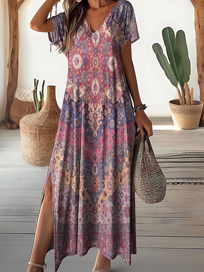 Vestido Feminino Longo Floral com Decote em V Fnac - Imagem 3