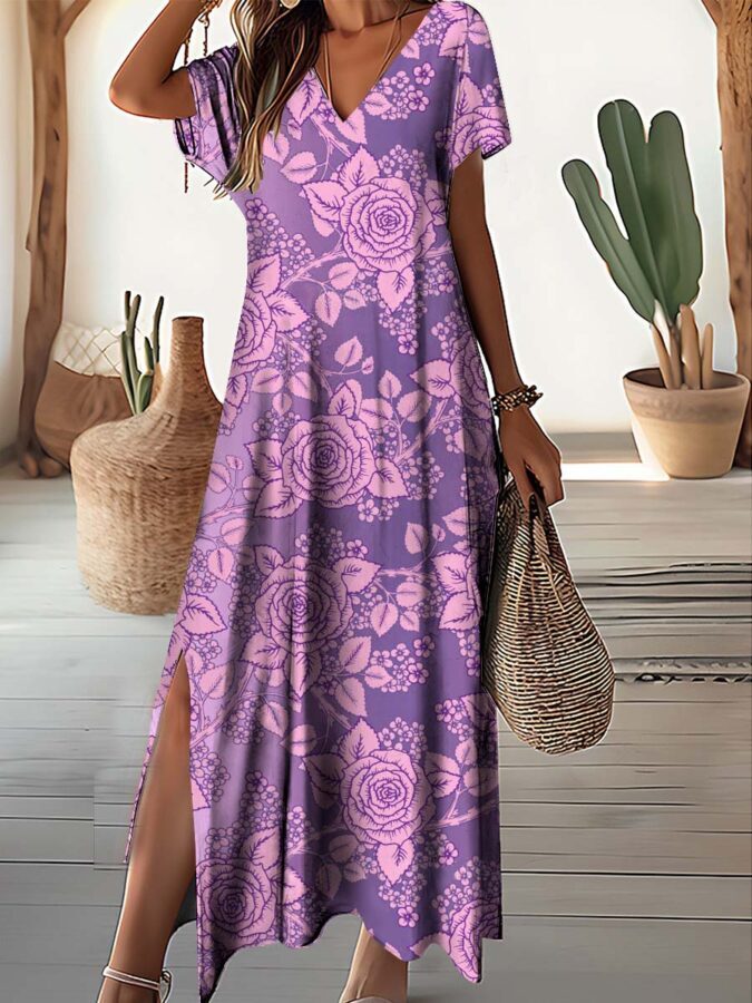 Vestido Feminino Longo Floral com Decote em V Fnac - Imagem 4