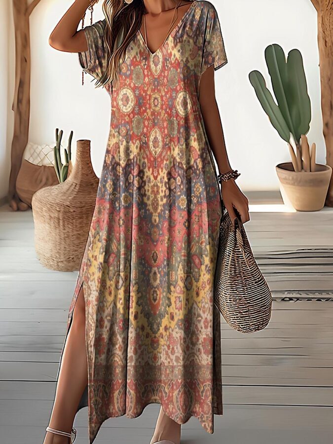 Vestido Feminino Longo Floral com Decote em V Fnac - Imagem 5