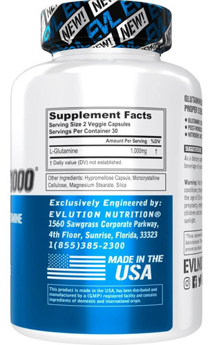 Evlution Nutrition L-glutamine 1000, 1g Pure L Glutamine Por