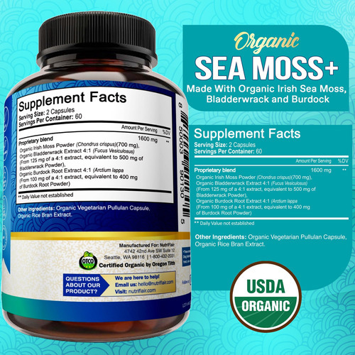 Nutriflair Organic Irish Sea Moss 1600mg, 120 Cápsulas Plus - Imagem 2