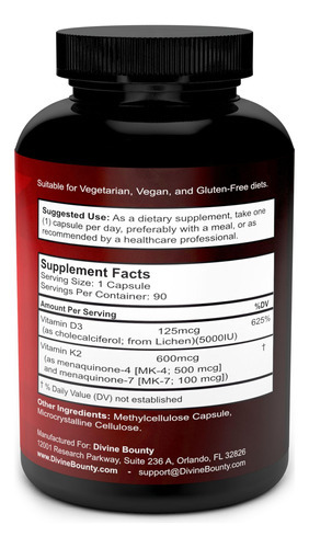 Suplemente A Vitamina K2 Da Divine Bounty (mk7 E Mk4) Com D3 - Imagem 2