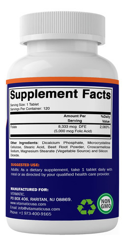 Suplemento Vitamático De Ácido Fólico 5mg (5000 Mcg) 120 Com - Imagem 4
