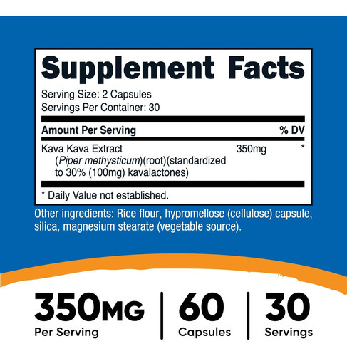 Cápsulas Nutricost Kava Kava 350 Mg Por Porção, 60 Cápsulas, - Imagem 2