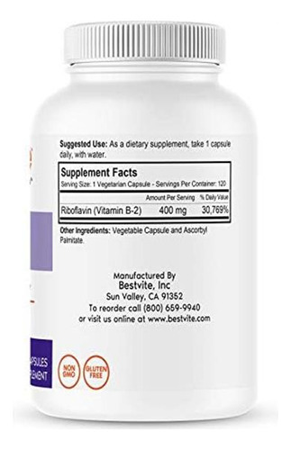 Vitamina B2 Bastvite/ 400 Mg/120 Cápsulas - Imagem 2