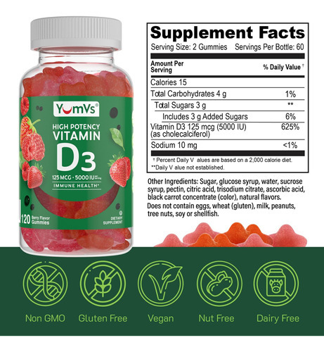 Gomas De Vitamina D3 De Alta Potência Yumvs 5000 Ui 125 Mcg - Imagem 5