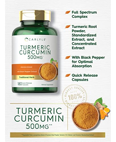 Suplemento Carlyle Curmeric Curcumin 500mg 180 Cápsulas - Imagem 3