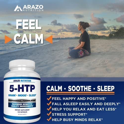 Arazo Nutrition 5-htp 200mg Mais Cálcio Para O Humor, Sono S - Imagem 4