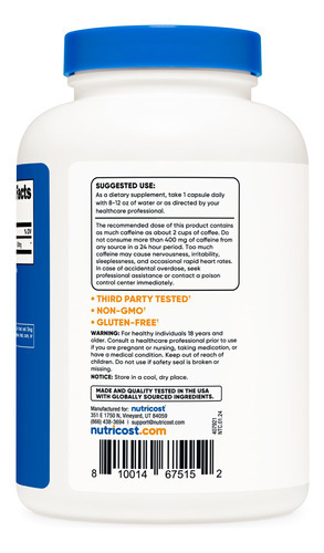 Comprimidos De Cafeína Nutricost 200 Mg/cápsulas (500 Cápsul - Imagem 4
