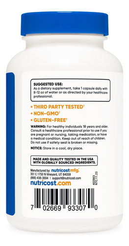 Suplemento Nutricost L-triptofano 500 Mg 120 Cápsulas - Imagem 4