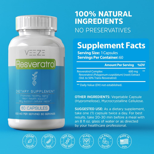 Suplemento De Resveratrol Veeze 600mg 60 Cápsulas E 60 Porçõ - Imagem 3