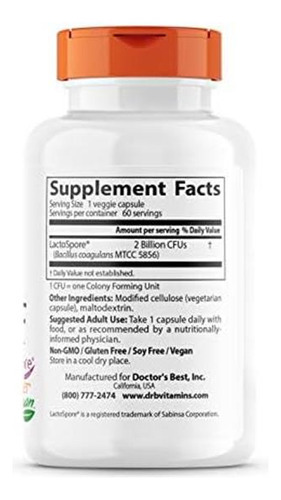 Doctors Best Health Probiotic 2 Bilhões Com Lactospore, Nã - Imagem 2