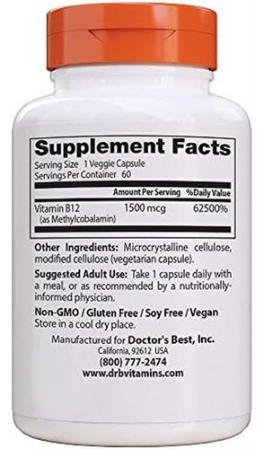 Vitamina B-12 Marca Doctors Best, 1500 Mcg, 60 Pastilhas - Imagem 2