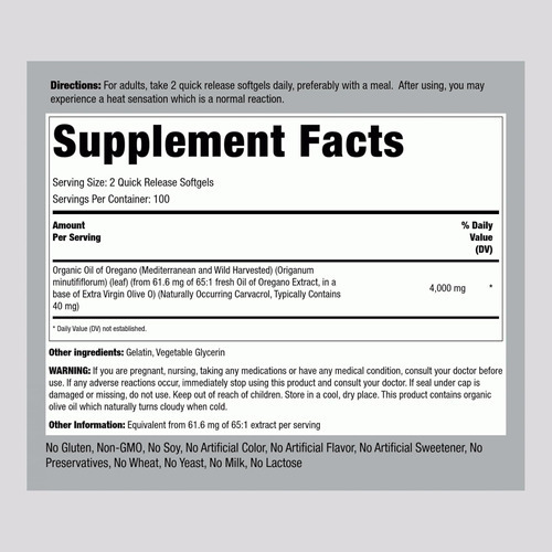 Cápsulas De Óleo De Orégano Piping Rock 4000mg | 200 Comprim - Imagem 2