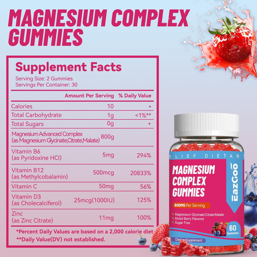 Eazgoo Magnésio Gummies 800mg - Vitamina D3, C, B6, B12 E Co - Imagem 2