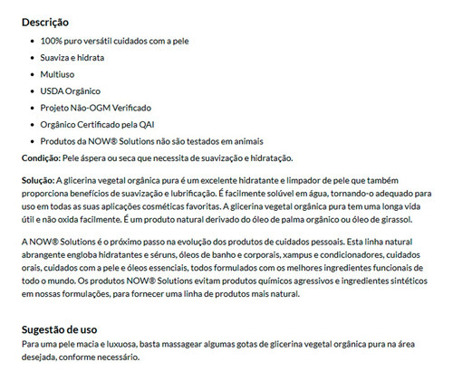 Glicerina Vegetal Orgânica Now Foods 237 Ml Importado - Imagem 4