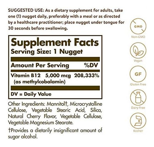 Vitamina B-12 Marca Solgar, 5000 Mcg, 60 Comprimidos - Imagem 2