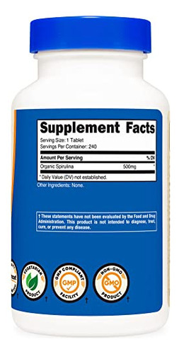 Suplemento Nutricost Espirulina Orgânica 500mg 240 Comprimid - Imagem 4