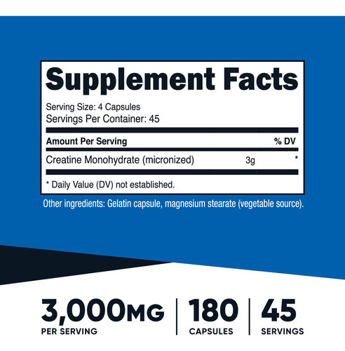 Suplemento Nutricost Creatina Monohidratada 3.000 Mg 180 Cáp - Imagem 2
