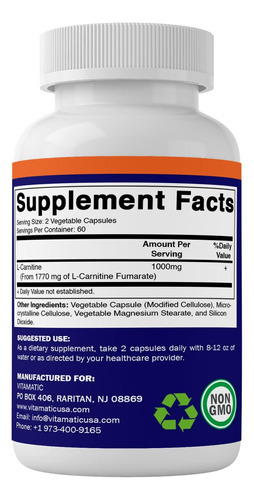 Fumarato De L-carnitina Vitamatic 1000 Mg - 120 Cápsulas Veg - Imagem 5