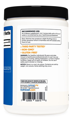 Suplemento Nutricost Beta Alanina Em Pó 500g Sem Glúten - Imagem 4