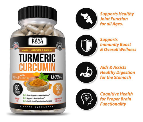 Kaya Naturals Turmeric Platinum, 60 Cápsulas, Bioperina, Sup - Imagem 4