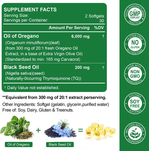 Natures Live Oil Of Oregano 6000mg Com Black Seed Oil 200mg, - Imagem 2