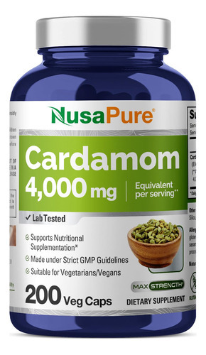 Suplemento De Extrato De Cardamomo Nusapure 4000 Mg 200 Cáps