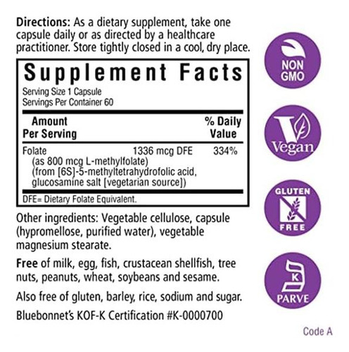 Bluebonnet Nutrition Cellularactive Methylfolate 800 Mcg Fo - Imagem 2