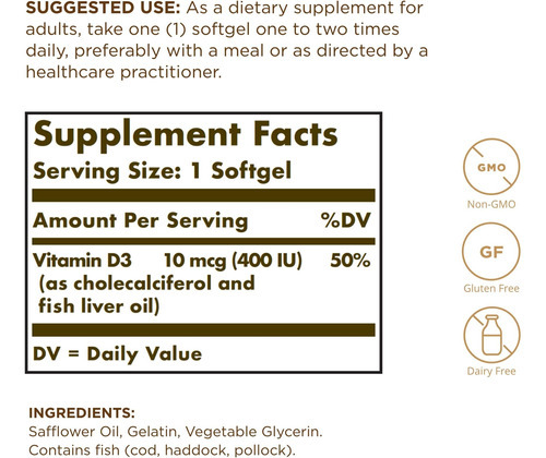 Solgar Vitamina D3 (colecalciferol) 10 Mcg (400 Ui), 250 Sof - Imagem 2
