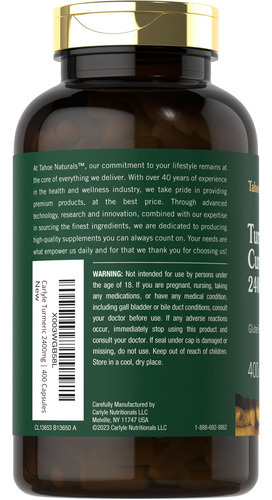Suplemento Carlyle Curmeric Curcumin 2400mg 400 Cápsulas - Imagem 3