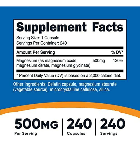 Complexo De Magnésio Nutricost 500 Mg, 240 Cápsulas - Óxido - Imagem 2