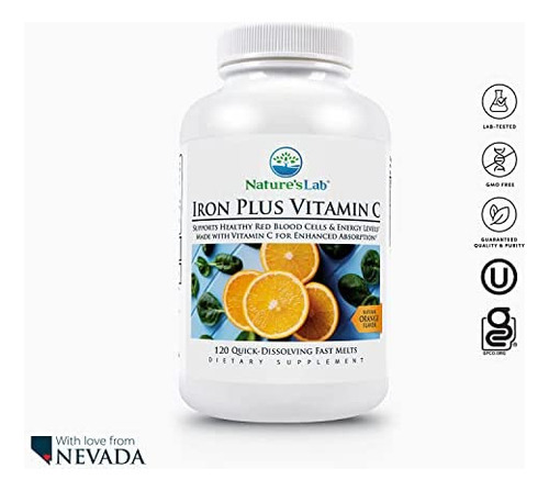 Natures Lab Iron Plus Vitamina C Fast Melt Tablets - Suave - Imagem 5