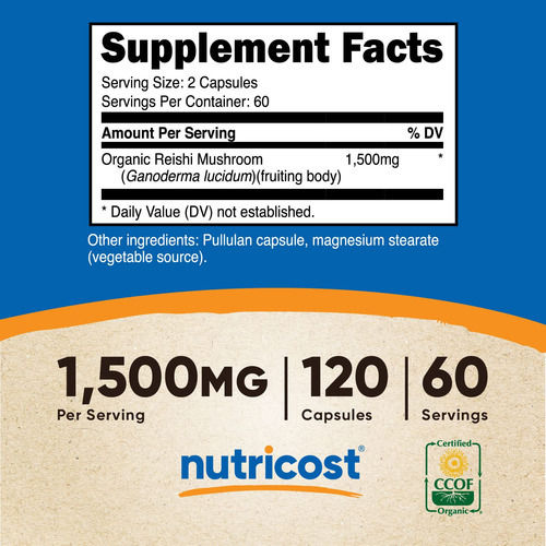 Suplemento Nutricost Reishi Mushroom Capsules 1500mg 120ct - Imagem 6